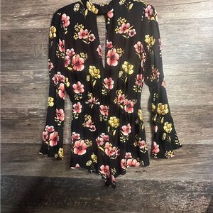 Forever 21 Black and Pink Floral Cut Out Long Sleeve Romper